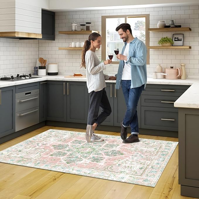 Vhong Boho Area Rugs Vintage Washable Neutral Modern Dusty Pink and Green 3x5 Non Slip Small Carpet for Nursery Living Room Dining Room Bedroom Farmhouse Girls' Room