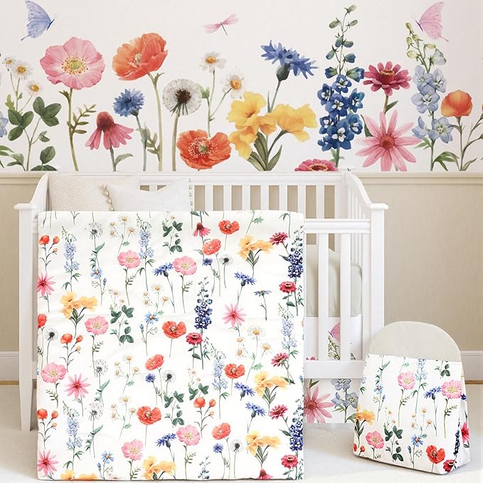 Oudain 4 Piece Spring Wild Flower Crib Bedding Set Including Spring Wild Flower Crib Skirt, Blanket, Sheet and Diaper Stacker, Soft Neutral Nursery Standard Size Baby Bedding for Baby Girls and Boys