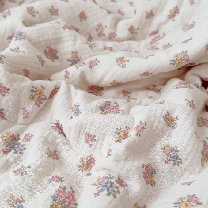 BuLuTu Chic Tuberose Flower Pattern Kids Toddler Girls Quilted Blanket with Lace Edges, 2 Layers Cotton Muslin Comforter Lightweight Pink Blue Floral Toddler Bed Blankets, 47x59 Inches