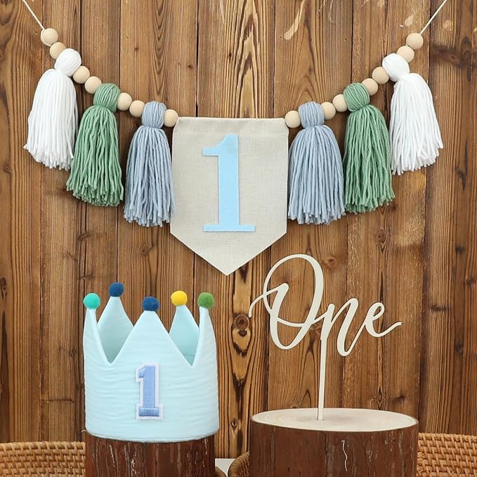 Baby 1st Birthday Party Decorations For Handmade Tassel Garland Highchair Banner With One Cake Topper Blue Crown Hat