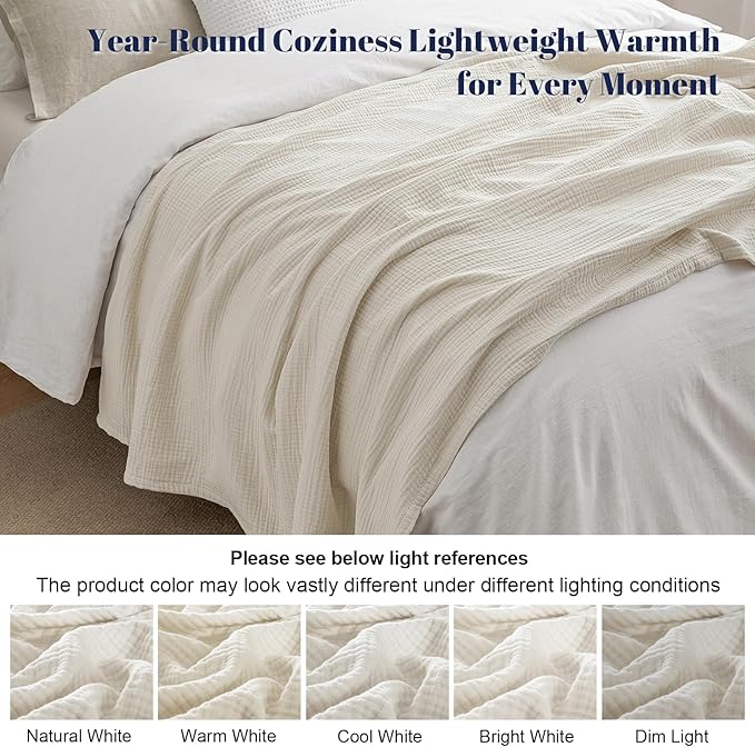 PHF 100% Cotton Muslin Throw XL Blanket Large 50" x 70", 4-Layer Lightweight Gauze Throw, Breathable Cloud-Soft Minimalist Blanket for Bed, Couch, Camping & Baby, Oat Milk, Ideal Gift