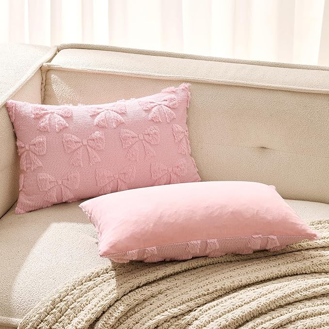 MIULEE Pink Bow Pillow Covers Coquette Room Decor Aesthetic Set of 2 Decorative Cute Girl Christmas Throw Pillow Soft Plush Faux Pillowcase for Girl Bed Couch Sofa,12x20 Inch