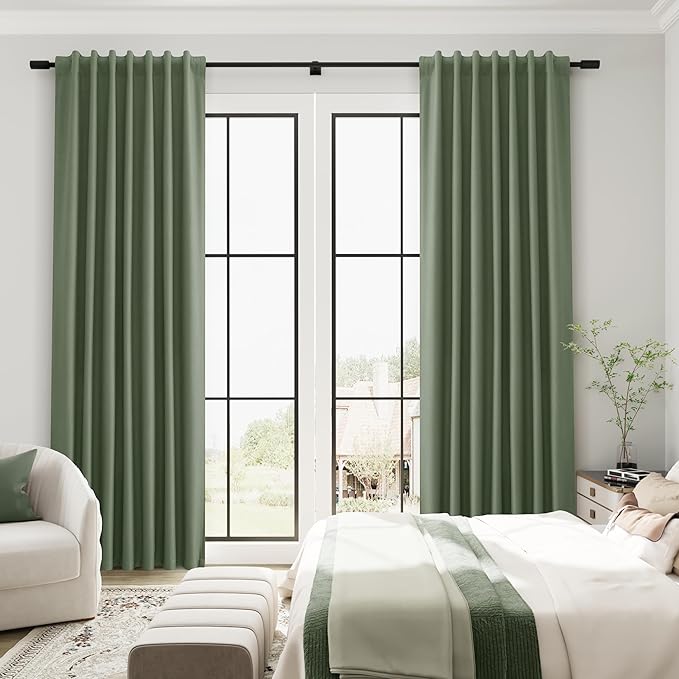 Guken 100% Blackout Linen Curtains 45 Inches Long Textured Olive Green Country Farmhouse Back Tab Hook Belt Room Darkening Insulated Thermal Noise Reduction Window Drapes for Bedroom Nuersery 52x45