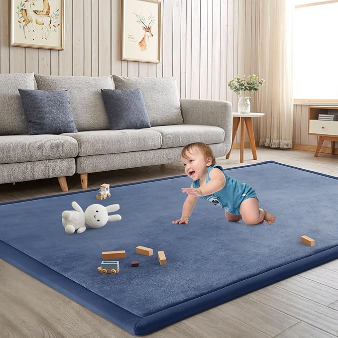 Baby Play Mat for Floor Tummy Time Mat Nursery Muscle Area Rug Playroom Rug Tatami 59"*71" Memory Foam 1.3" Thick Crawling For Babies,Toddlers, Infants, Kids,Floor(Blue)