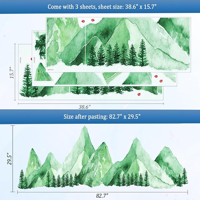 Large Mountain Wall Decals, Teal Green Pine Tree Peel and Stick Vinyl Wall Stickers & Murals, Removable Home Room Wall Decor for Bedroom Living Room Bedroom Classroom Office Nursery