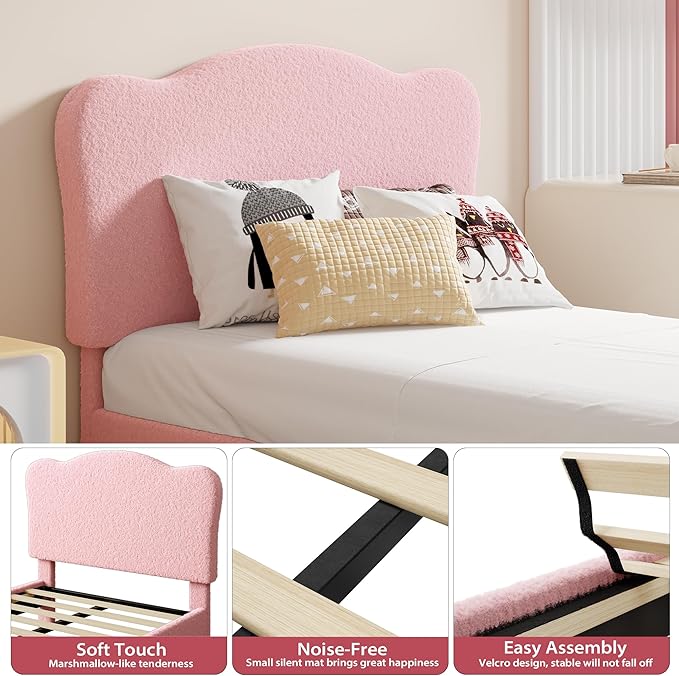 GarveeHome Upholstered Twin XL Size Bed Frame for Kids with Scallop Headboard, Cute Velvet Twin XL Bed for Girls, Boys, Sturdy Platform Bed, No Box Spring Needed, Wooden Slats, Noise Free, Pink