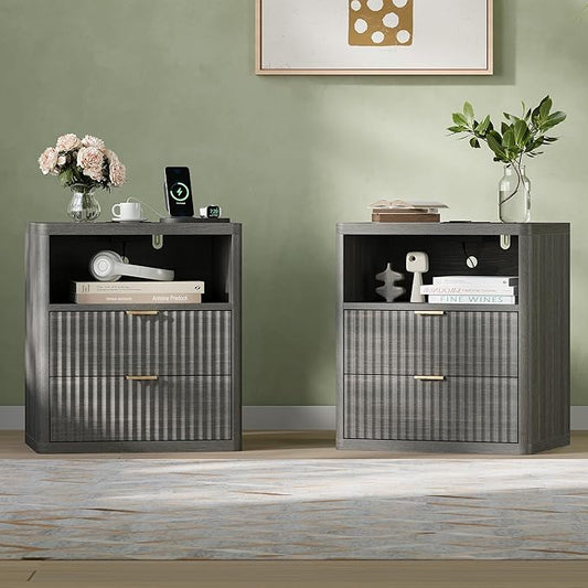 Fluted Nightstand Set of 2 with Charging Station, 21.7" Wide Modern Night Stand with 2 Drawers Open Storage Cabinet, Wooden Bedside End Table for Bedroom,Gray