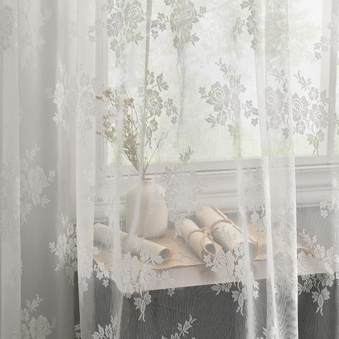 Kotile Ivory Lace Curtains 96 Inches Long 2 Panels, Country Rustic Floral Design Scalloped Lace Curtain Panels for Living Room, Rod Pocket Privacy Sheer Lace Curtains, 42 x 96 Inch Each, Ivory
