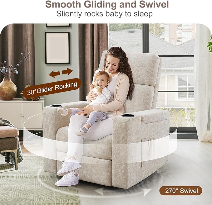 ABCASA Power Recliner Chair Swivel Glider Set of 2, Nursery Glider Recliner, Chenille Rocking Recliner Chair with Adjustable Phone Holder, Hidden Arm Storage, USB & Type-C for Living Room, Light Brown
