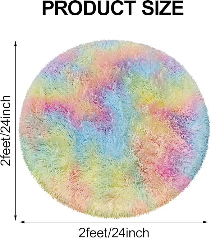 2x2 ft Small Round Rug for Girls Bedroom,Soft Shaggy Kids Rainbow Rugs Kawaii Colorful Carpet Fuzzy for Room Kids Bedroom Girls Dresser Playroom Nursery Storage Cabinet Decor