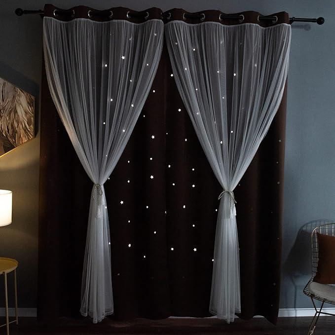 Kinryb Star Cutout Blackout 95 Inches Curtains Double Layer with Sheer Overly Curtains for Bedroom Thermal Insulated Window Treatment Set with 2 Free Tiebacks (52W x 95L 2 Panels Chocolate)