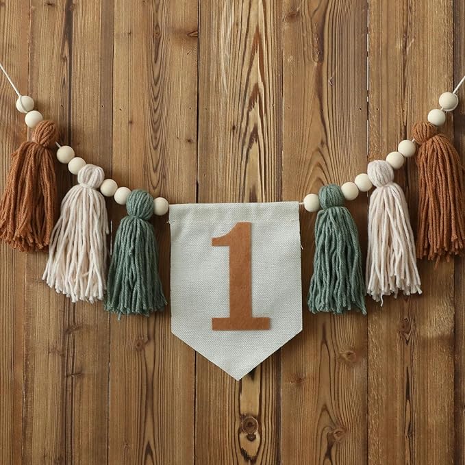 Jungle Wild One Handmade 1st Birthday High Chair Banner First Highchair Banner For Baby Boys Green Brown Wall Hangings Boho Wood Bead Tassel Garland 1 Birthday Party Decorations Photo Props