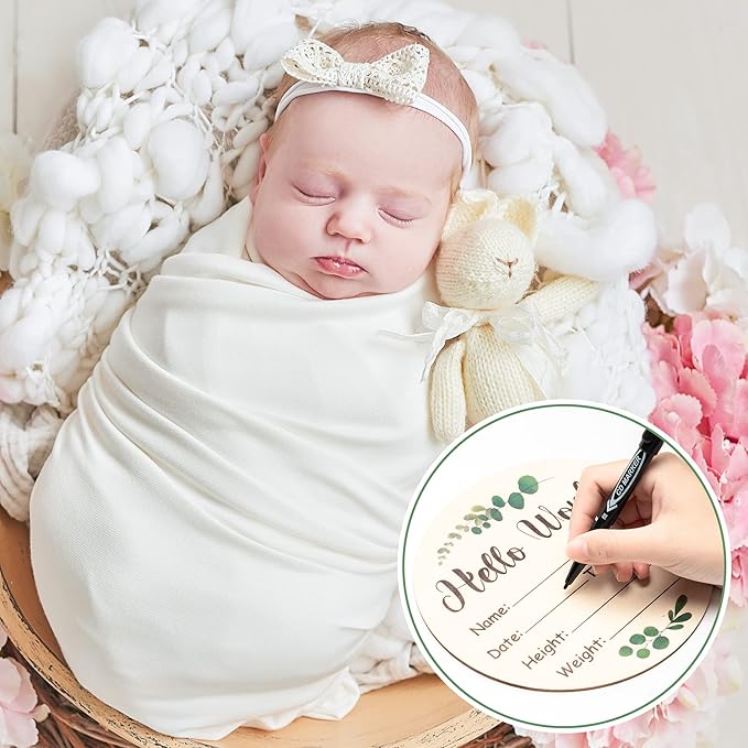 R HORSE Baby Birth Announcement Sign with Marker Pen, Greenery Eucalyptus Baby Name Sign with Ink Pad for Hand and Footprints, Wooden Hello World Newborn Announcement Nursery Decor Keepsake Gifts