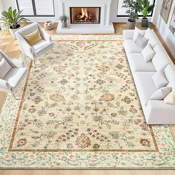 5x7 Rugs for Living Room, Beige Washable Floral Area Rug for Bedroom, Soft Low Pile Thin Indoor Non Slip Carpet for Kitchen Dining Room, Large Boho Throw Carpets for Nursery Office Dorm Home Decor