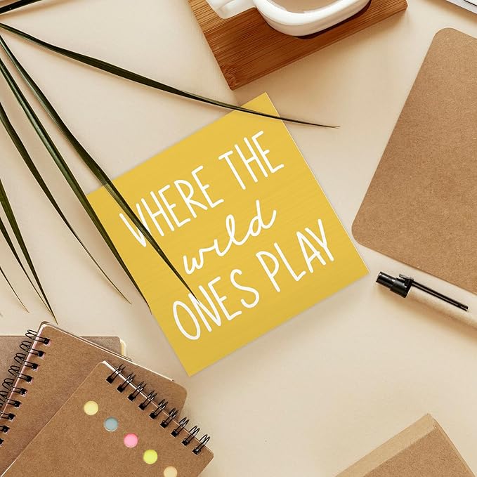 Where The Wild Ones Play Yellow Wood Box Sign Desk Decor 5X5, Nursery Kids Room Wooden Block Sign Decorations for Playroom Toddler Boys Girls Room Wall Tabletop Shelf Decor