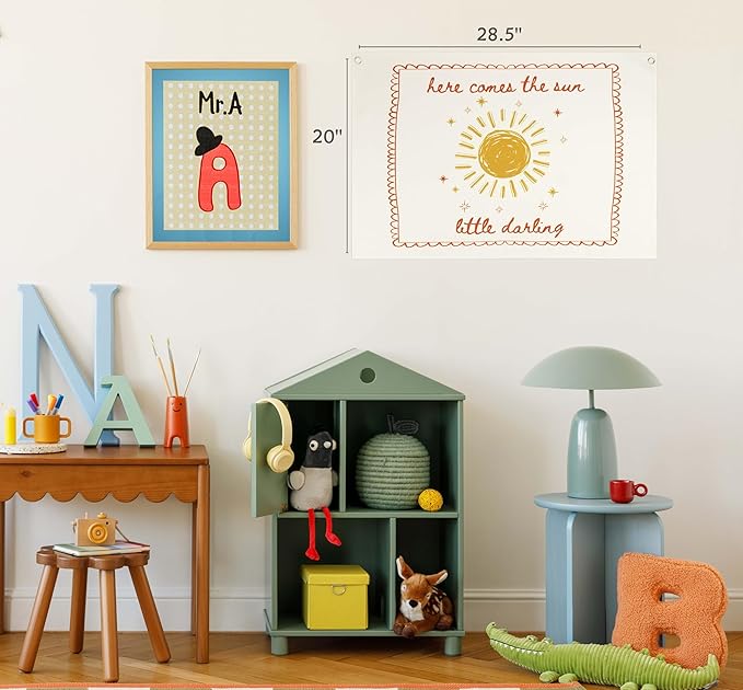 Boho Rectangular Banner Flag Pennant Wall Art Decor Gift for Baby Boy Kids Teen,Nursery Classroom Bedroom Playroom Living Room Decor-Here Comes the Sun-Baby Present Shower,Birthday Christmas Gift