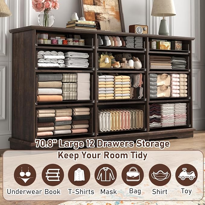 70inch Large Long Dresser w/Charging Station,12 Drawer Dresser w/Deep Big Drawers,Wooden Chest of Drawers w/Power Outlet,White Dressers for Bedroom,Living Room,Entryway,Rustic Brown