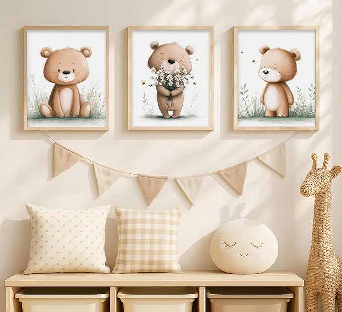 3Pcs Cute Bear Nursery Wall Art Cute Animals Flower Painting Picture Wall Decor Boho Teddy Bear Poster Print Artwork for Children Room Baby Room Nursery Boy Room Girl Room Home Decoration