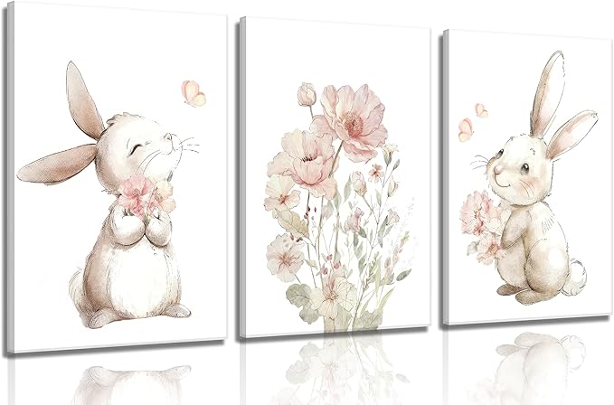 Grengel Pink Girl Nursery Bunny Canvas Wall Art Cute Rabbit Wildflowers Painting Pictures Wall Decor Botanical watercolor Flower Poster printing artwork For Baby Boys and Girls Playroom paintings