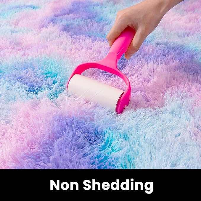 2x6 Fluffy Runner Rug - Non Slip Blue Rainbow Tie-dye Rug for Living Room - Cute Indoor Floor Rug for Girls Room