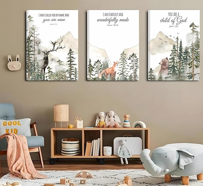 3pcs Framed Forest Animals Bible Verse Wall Art Misty Forest Deer Bear Fox Paintings Canvas Prints Poster Inspirational Quotes Pictures Wall Decor for Home Bedroom Nursery Baby Room Playroom Decor
