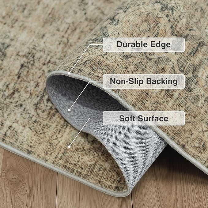 FMFUNCTEX 3x5 Washable Area Rug Brown Vintage Neutral Distressed Non Slip Low Pile Traditional Retro Indoor Carpet for Entryway Entrance Soft Rug Living Room Bedroom Kitchen Dining Office Laundry