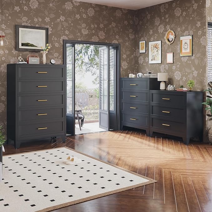 53.54" Tall Metal Dresser for Bedroom, 5 Drawer Black Closet Dressers Chests, Modern Storage Organizer Unit, Large Storage Space Drawer Storage Cabinet for Living Room, Entryway, Hallway