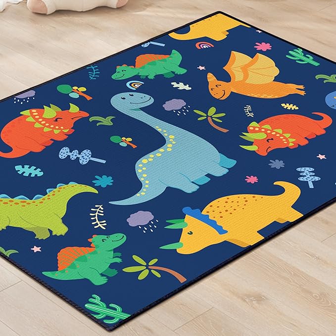Cute Cartoon Dinosaur Rug for Bedroom 59"x39" Bedroom Playroom Decor for Kids Lovely Dinosaur Animal Pattern Carpet Blue Rug Non-Slip Washable