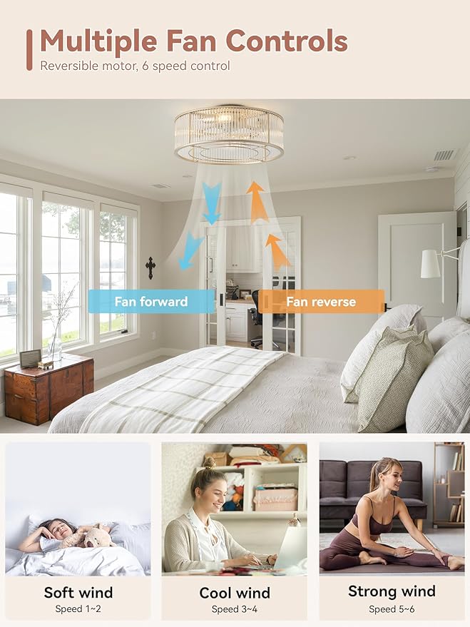 Low Profile Ceiling Fans with Lights, 20" Gold Crystal Ceiling Fan with Light Flush Mount and Remote Control, Drum Caged with 6 Speeds for Bedroom, Nursery, Living Room (Gold Crystal)