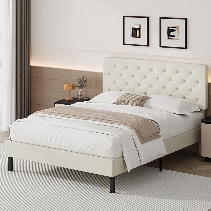 BarnFurin Full Bed Frame, Upholstered Platform Bed with Button Tufted Headboard, Fabric Bed Frame with Wooden Slats Support, No Box Spring Required, Easy Assembly, Cream
