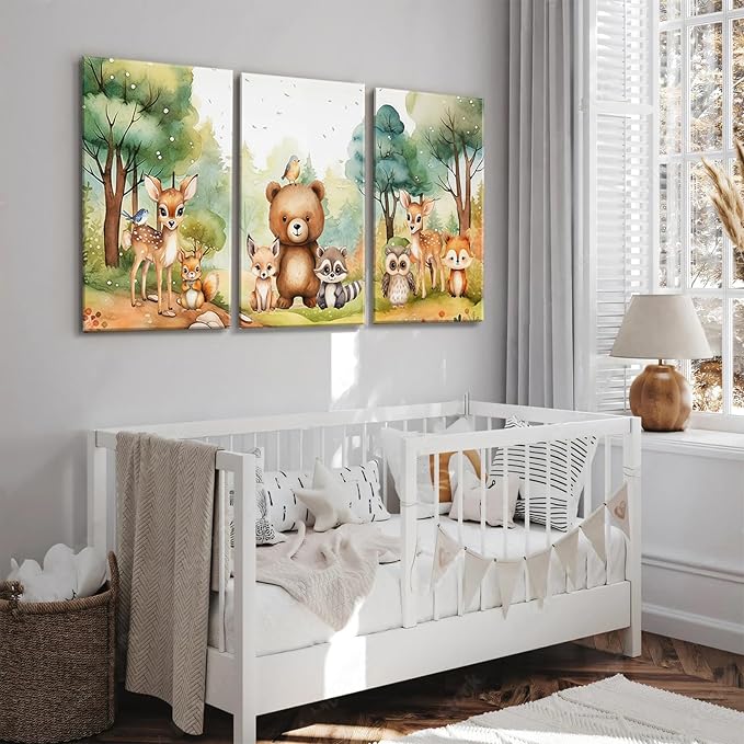 3Pcs Woodland Animal Nursery Wall Art Forest Animal Wall Decor Cute Watercolor Deer Bear Fox Poster Canvas Prints Paintings Pictures Artwork for Kids Baby Bedroom Decor Canvas 12X16in