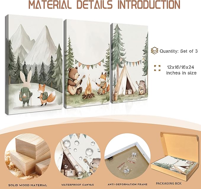 AKWISH Nursery Woodland Animals Canvas Wall Art, Cute brave Bear Fox Rabbit Hedgehog Nursery Wall Decor, Framed Wildlife Camping Picture Prints for Kids Room Baby Bedroom – 12x16in