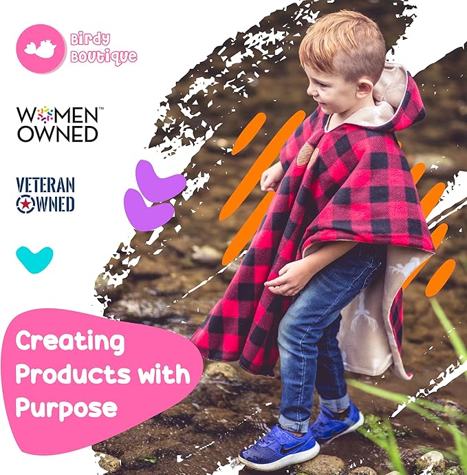 Birdy Boutique Car Seat Poncho for Kids – Reversible Warm Blanket with Hoodie – Safe to Use Over Seat Belts – Easy On, Easy Off, and Doesn’t Impact Seat Performance - Deer and Buffalo Plaid – One Size