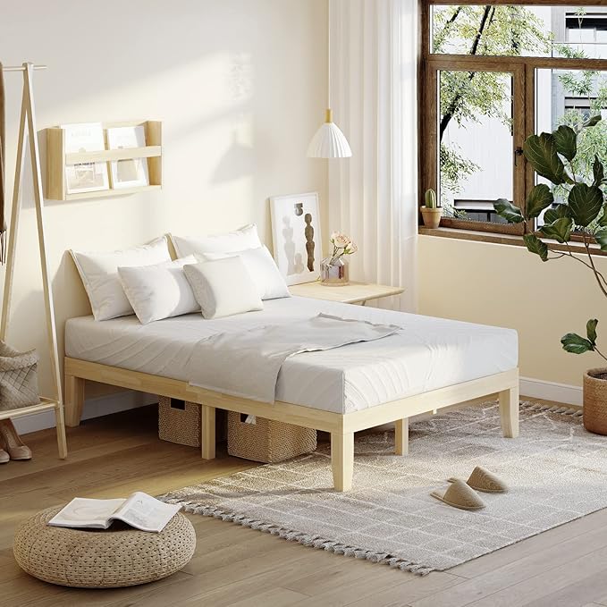 KOMFOTT 14 Inches Wood Platform Bed Frame Full Size, Wooden Mattress Foundation with Rubber Wood Frame, Strong Slats Support, No Box Spring Needed, Bed Frame (Natural)