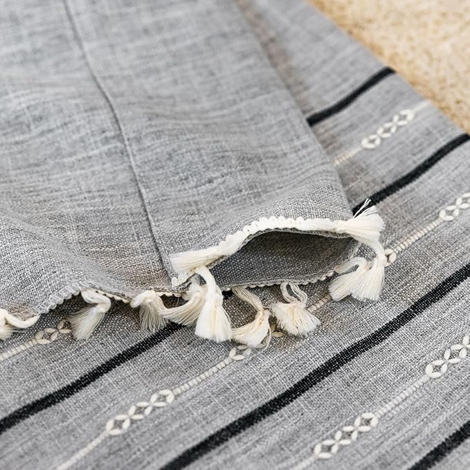 Deeprove Boho Style Curtains 84 inches Long, Vintage Bohemian Embroidery Striped Farmhouse Cotton Linen Fringe Window Treatments Bedroom Nursery Decor, W52 x L84, 1 Panel Dusty Grey and Stone Blue