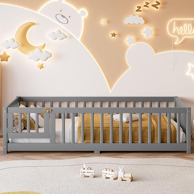 Twin Size Floor Bed with Fence and Lockable Door, Wood Montessori Bed Frame with Slat Support for Kids,Boys,Girls,Easy Assembly, Gray