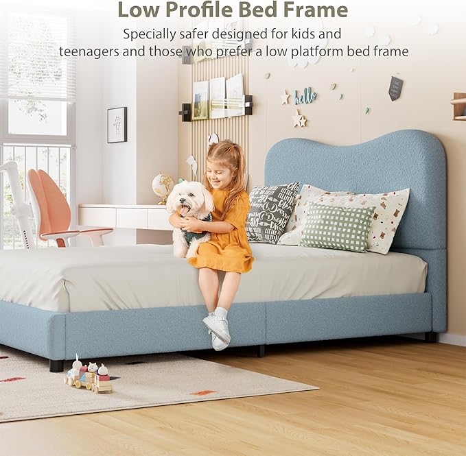 Senfot Blue Boucle Bed Frame with Upholstered Headboard, Soft Low Profile Sturdy Platform Bed with Rounded Corners Design, Heavy Duty, Wooden Slats, Noise Free, No Box Spring Needed, Full Size