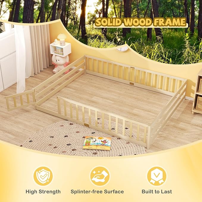 Giantex Queen Floor Bed with Door & Fence, Kids Wood Montessori Beds with Safety Guardrails, Floor Bed Twin for Kids, Boys, Girls, No Box Spring Needed, Natural
