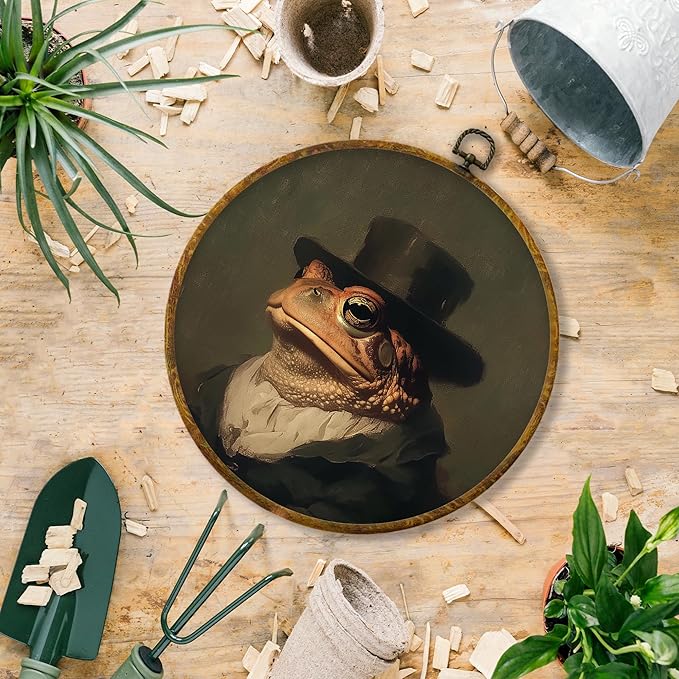 Hiuwevt Frog Round Wall Art Decor, Vintage Dark Moody Academia Frog Framed Canvas Prints, Retro Rustic Cottagecore Animal Round Wall Hanging Decor for Bedroom Home Decorations, 10x10 Inches