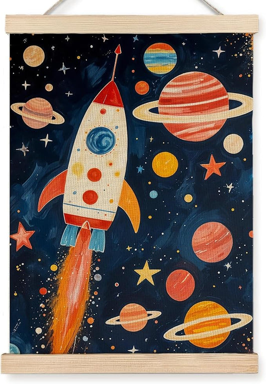 URLLUAE Rocket Ship Space Wall Art for Kids Room, Colorful Outer Space Planet Poster for Boys Bedroom Classroom Nursery Playroom Wall Decor, 12x16 Inch