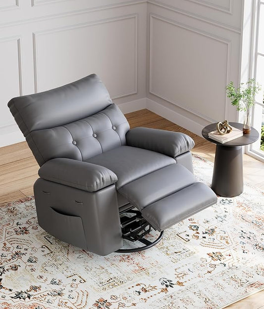 GarveeHome Oversized Wide Rocker Swivel Recliner Chair - PU Leather Manual Recliner for Adults, Large Nursery Chair Lazy Recliner with Comfort Arm and Back for Living Room, Bedroom