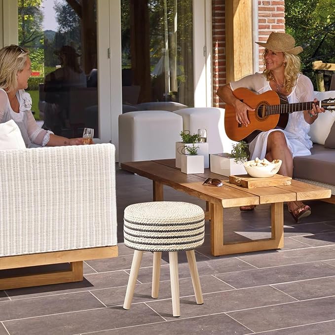 Cpintltr Round Ottoman Footstool Natural Seagrass Foot Stool Pouf Ottomans with Solid Wood Legs Hand Weave Hyacinth Footrest Step Stool for Living Room Balcony Garden Natural & Black