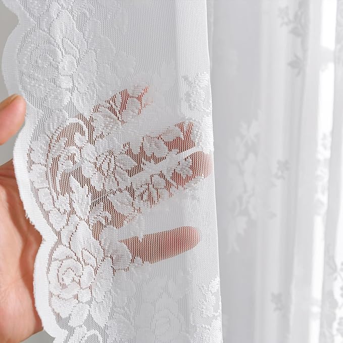 Kotile Lace Curtains 84 Inches Long 2 Panels, W52 x L84 Inch, Cottagecore Rustic Floral Vintage Sheer Lace Curtains for Living Room, Rod Pocket Light Filtering Privacy Window Sheer Curtain for Bedroom