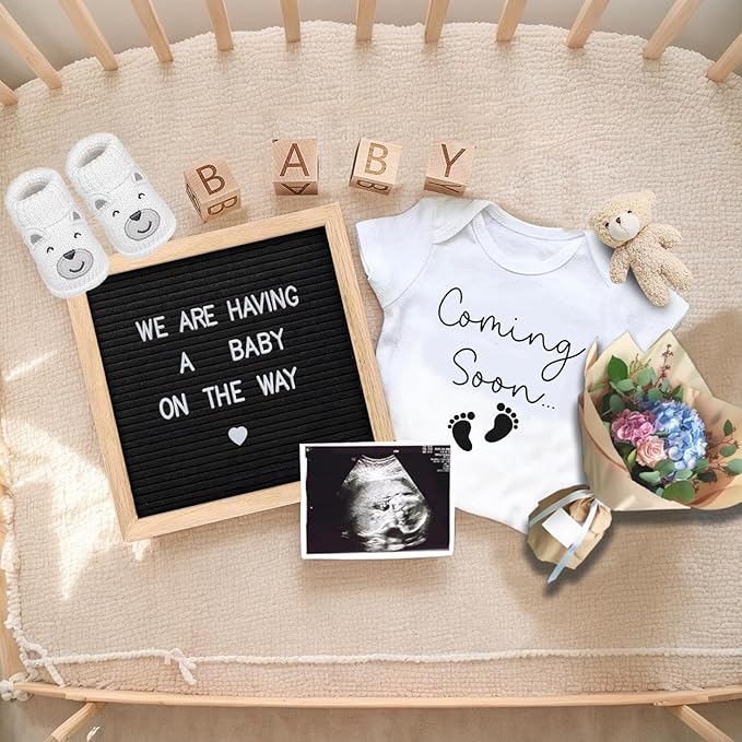 9 Pcs Pregnancy Announcements Set, Include Felt Letter Board Baby Bodysuit Shoes and Wooden Sign Surprise Announcement for Grandparents Partner Gift Family Reveal(Grey Coming soon-white shoe)