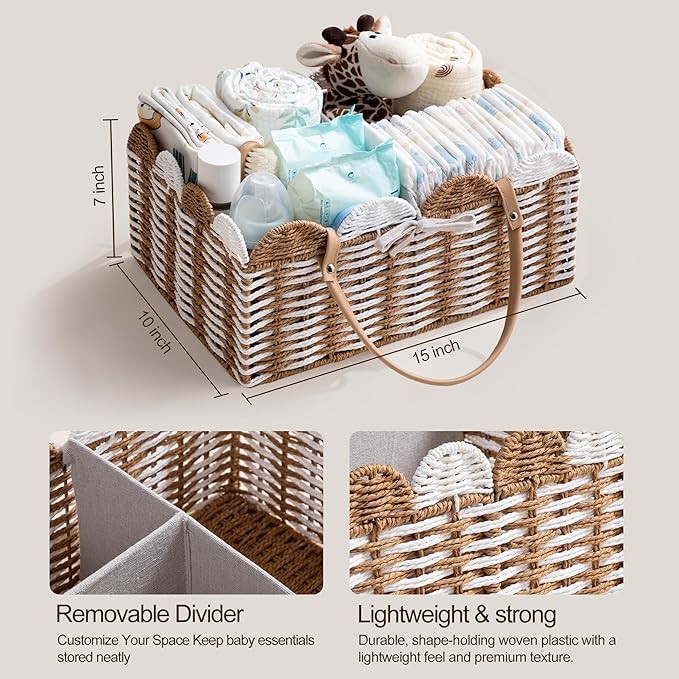 HBlife Large Baby Diaper Caddy, Paper Rope Storage Baskets Nursery Bin with Removable Divider, Portable Car Organizer for Diapers, Baby Shower Gifts, Newborn Essentials Must Haves