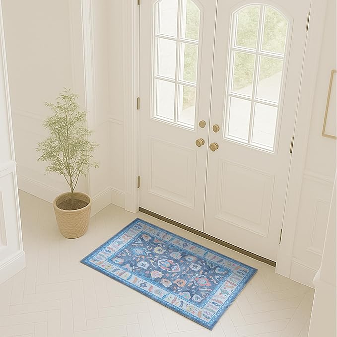 Fame Rugs Blue Modern Oushak Rug 3x5, Washable Vintage Turkish Colorful Oriental Antique Inspired Foldable Small Area Rugs, Luxury Living Room Bedroom (387BNB, 2'6" x 5')