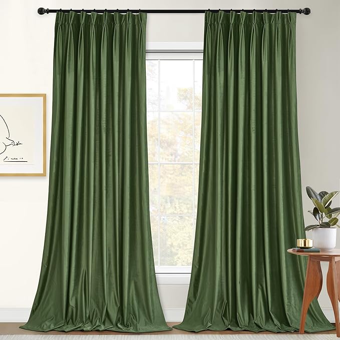 StangH Green Velvet Pinch Pleated Curtains for Christmas Decor, Super Soft Room Darkening Sliding Door Coverings with Hooks Luxury Cold Blocking Back Tab Curtains for Bedroom, W52 x L84, 2 Panels