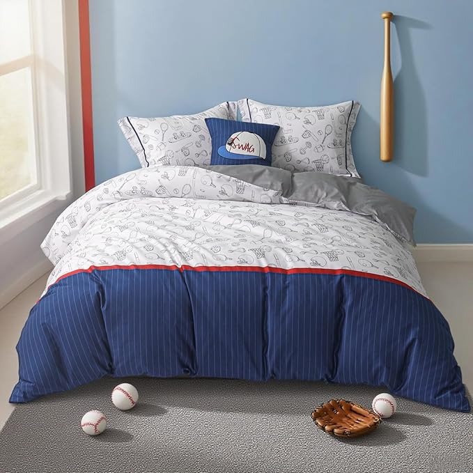 Simple&Opulence 100% Organic Cotton Duvet Cover for Kids Teens, 3 Pieces Soft Comforter Cover with Zipper Closure Cool Boy Girl Baseball Bedding Set - Sports, Twin