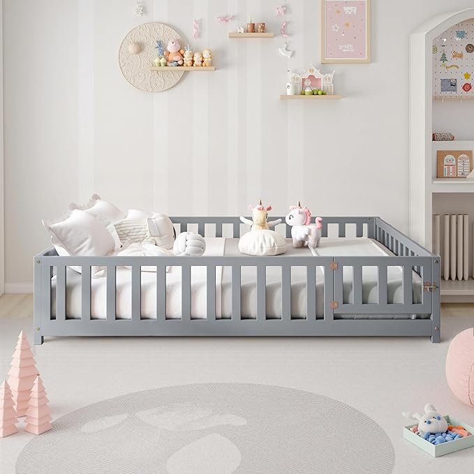 Full Size Floor Platform Bed with Fence and Lockable Door, Wood Montessori Bed Frame with Slat Support for Kids,Girls,Boys, Easy to Assemble,Grey