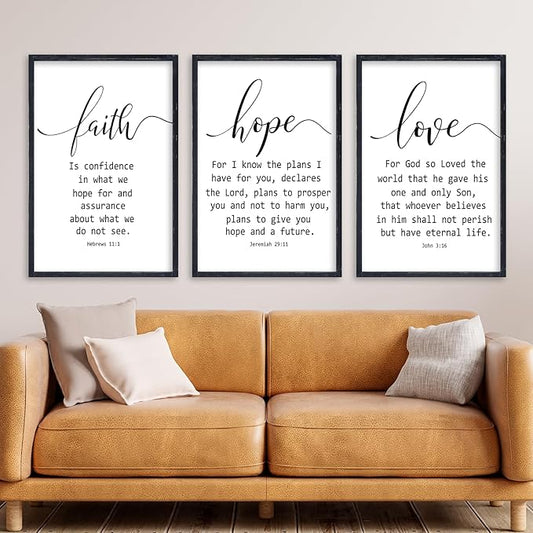 Faith Hope and Love Bible Verses Wall Decor Sign 16x24 Inch Wood Framed Set of 3 Farmhouse Living Room Christian Faith Scripture Art Inspirational Religious Quote Love Wall Hanging (Black)